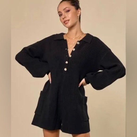 Promesa Pants - Promesa Button Romper chunky knit polo collar button‎ down long sleeve crotchet